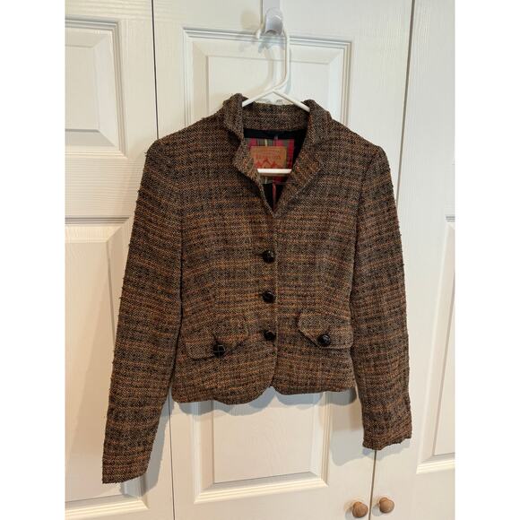 Benetton Blazer Jacket Tweed Wool Blend Brown Fitted Career Coat - Picture 2 of 9